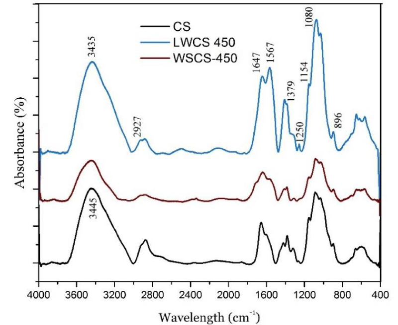FTIR spectra of CS, LWCS-450 and WSCS-450.