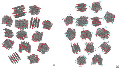Planar view on a model of ‘dry’ (a) and ‘wet’ (b) shungite globules consisting of a set of four-, five- and six-layer stacks of ‘dry’ and ‘wet’ (5, 5) RGO sheets of the C66O1H21 chemical composition voluntarily located and oriented in space. Linear dimensions along the vertical and horizontal are of ~6 nm.